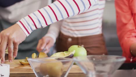 un grupo feliz de amigos diversos preparando una bebida saludable en la cocina juntos