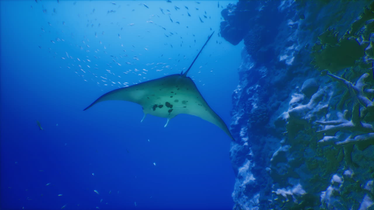 Manta ray gliding gracefully near coral reef in tropical waters