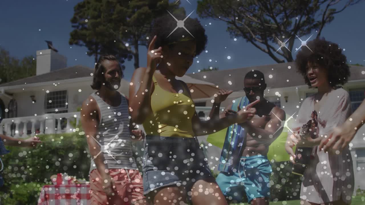 Woman moving backyard dancing after ukulele strum, friends clapping, phone star overlay marketing