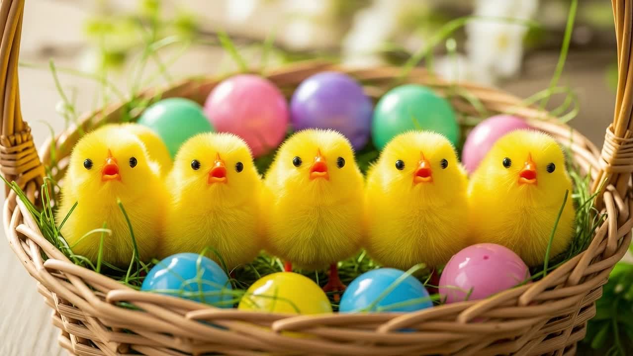 A Delightful Basket Filled with Vibrant Yellow Chicks and Colorful Easter Eggs, Capturing the Spirit of Springtime Celebrations and Happiness in One Frame