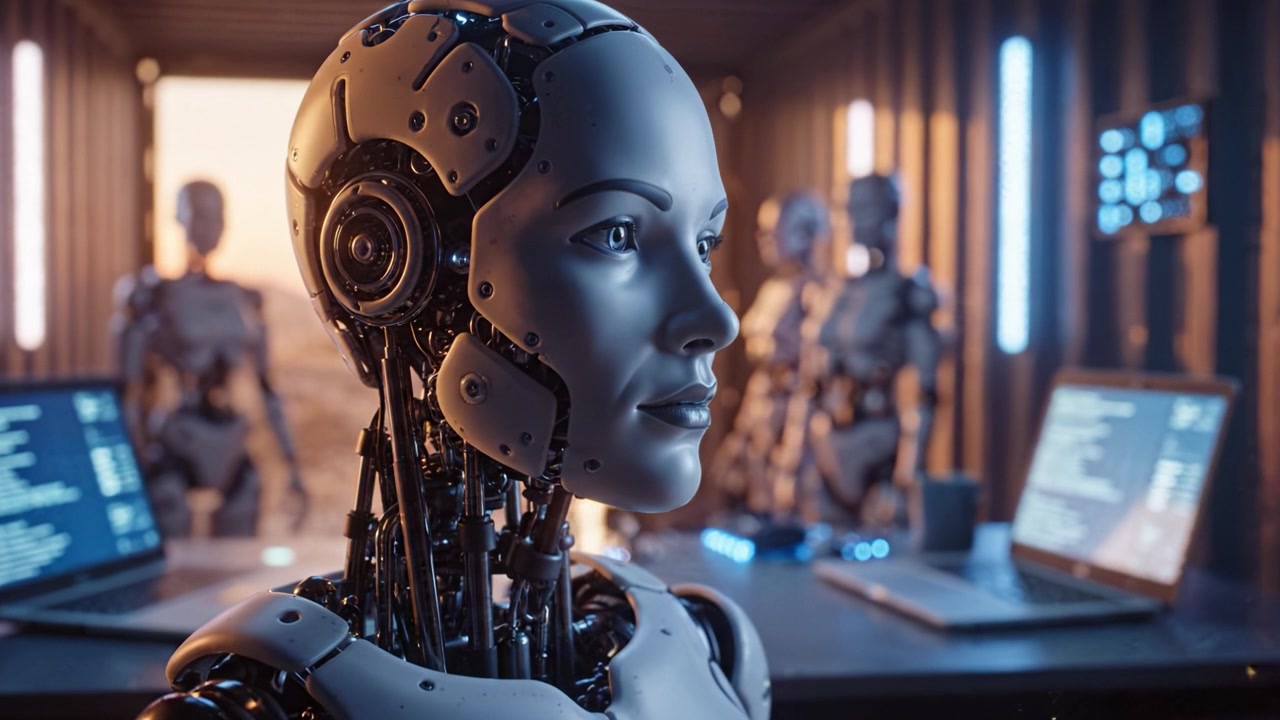 A Futuristic Scene Featuring an Advanced Robotic Prototype in a High-Tech Environment Surrounded by Other Robots and Technology, Visualizing Future AI Possibilities