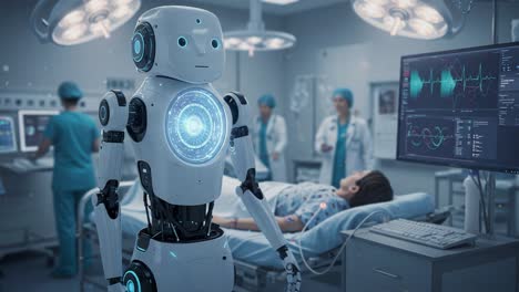 a futuristic healthcare scene featuring an advanced robot assisting medical staff in a critical care unit with high-tech monitors and a patient in bed