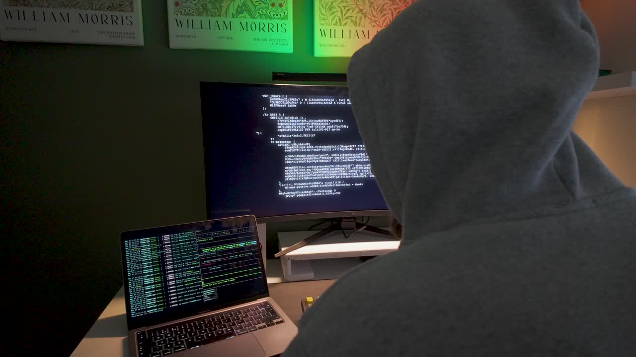 Back view of hooded hacker working at multi-monitor workstation with code and green glow