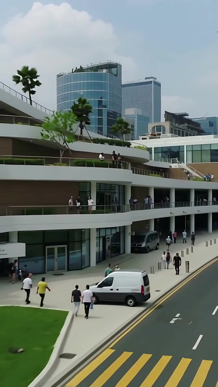 Video vertical: Panorámica de un edificio escalonado, personal médico caminando en la plaza, furgoneta llegando para una entrega.