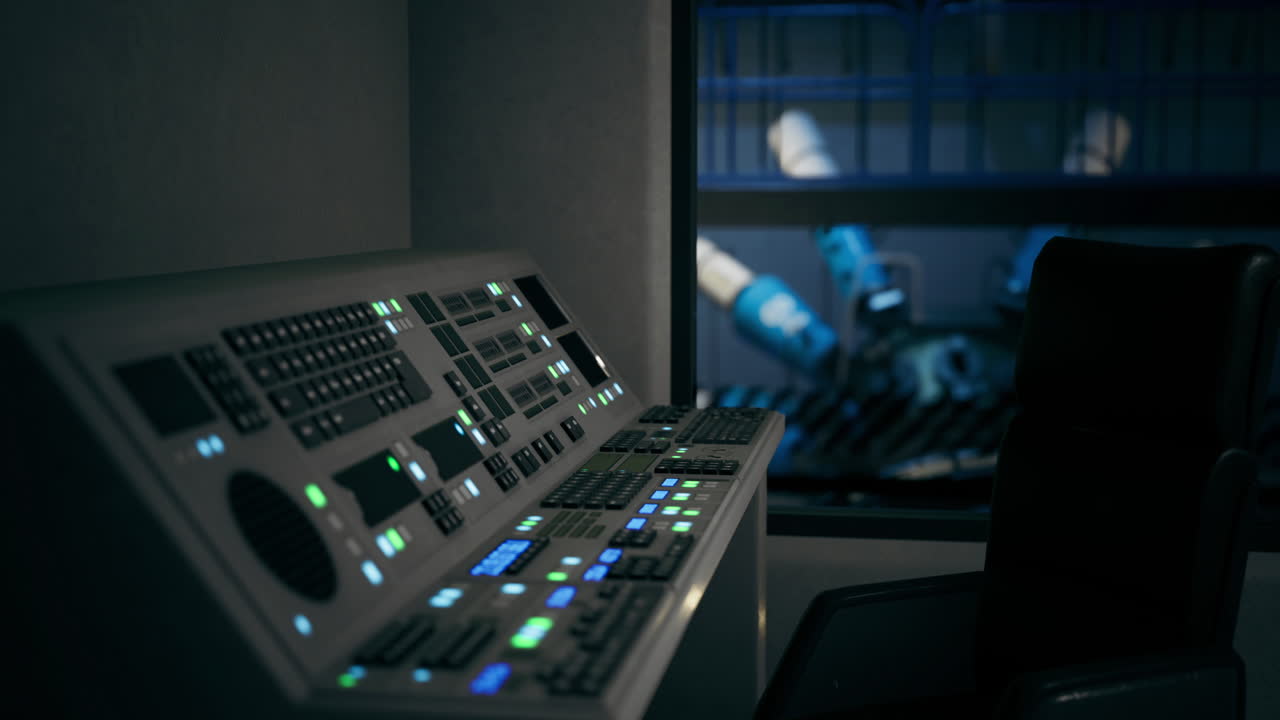 Control room with advanced technology and robotic arms in the background