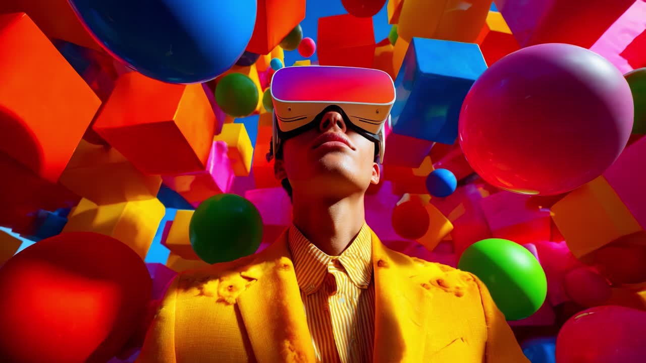 Immersive Virtual Reality Experience: A Person in Futuristic Visor Surrounded by Colorful Geometric Shapes and Vibrant Spheres Capturing the Essence of Digital Exploration and Creativity