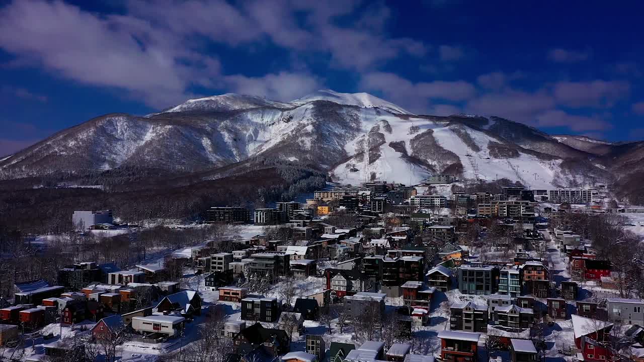 Aerial view Niseko ski resort town and Mt Niseko-Annupuri, Hokkaido