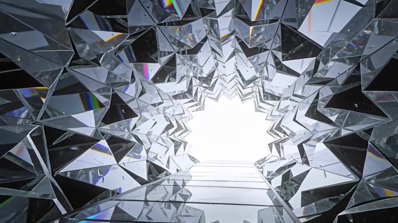 Tilting camera revealing faceted skylight shaft in atrium, showing deeper layers, glass floor lines