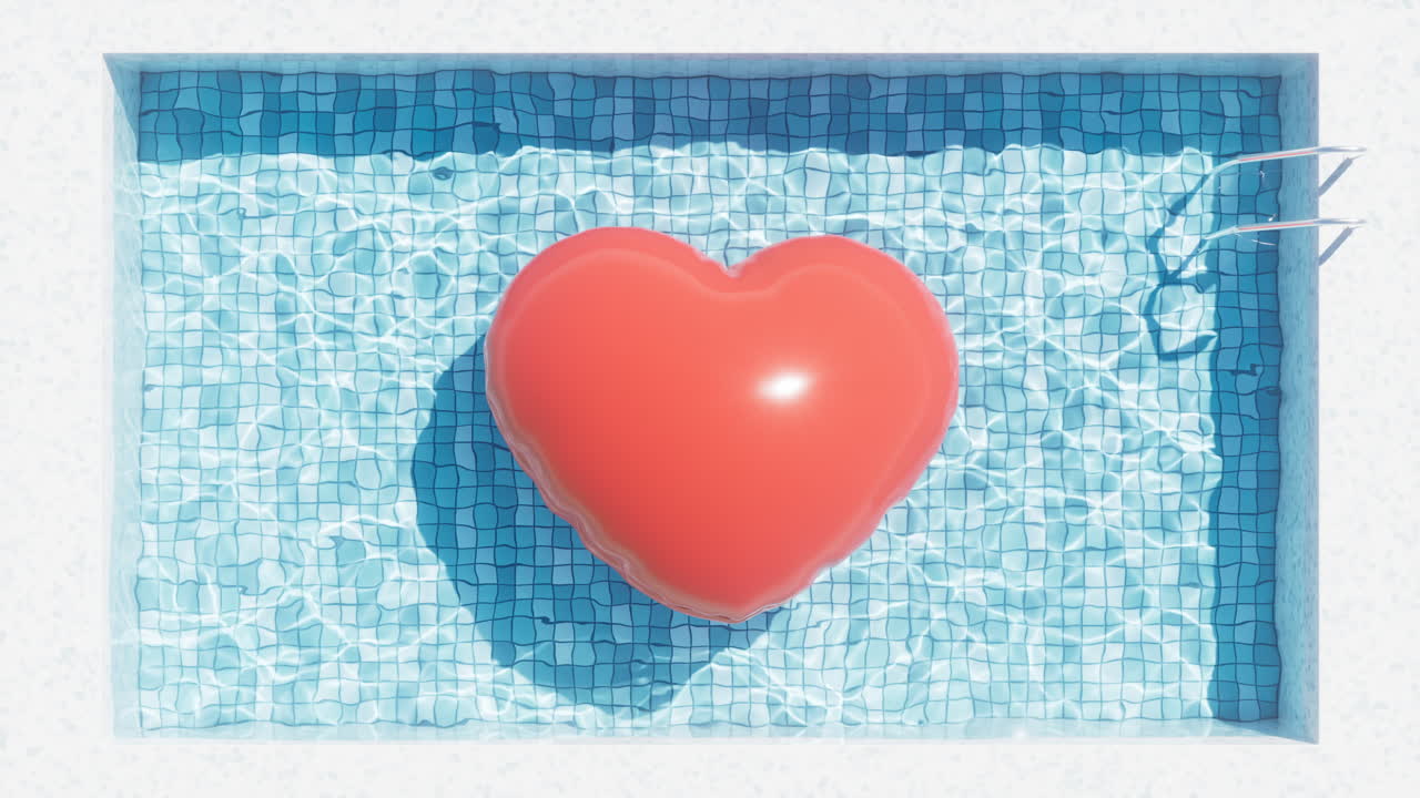 Loop animation of swimming pool and floating heart, 3d rendering.