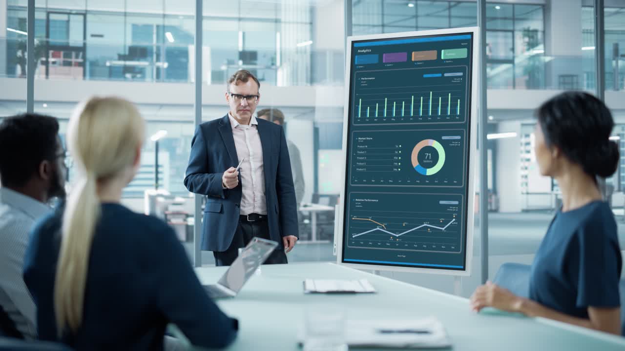 Company Operations Manager Holds Meeting Presentation for a Team of Economists. Adult Male Uses Digital Whiteboard with Growth Analysis, Charts, Statistics and Data. People Work in Business Office.