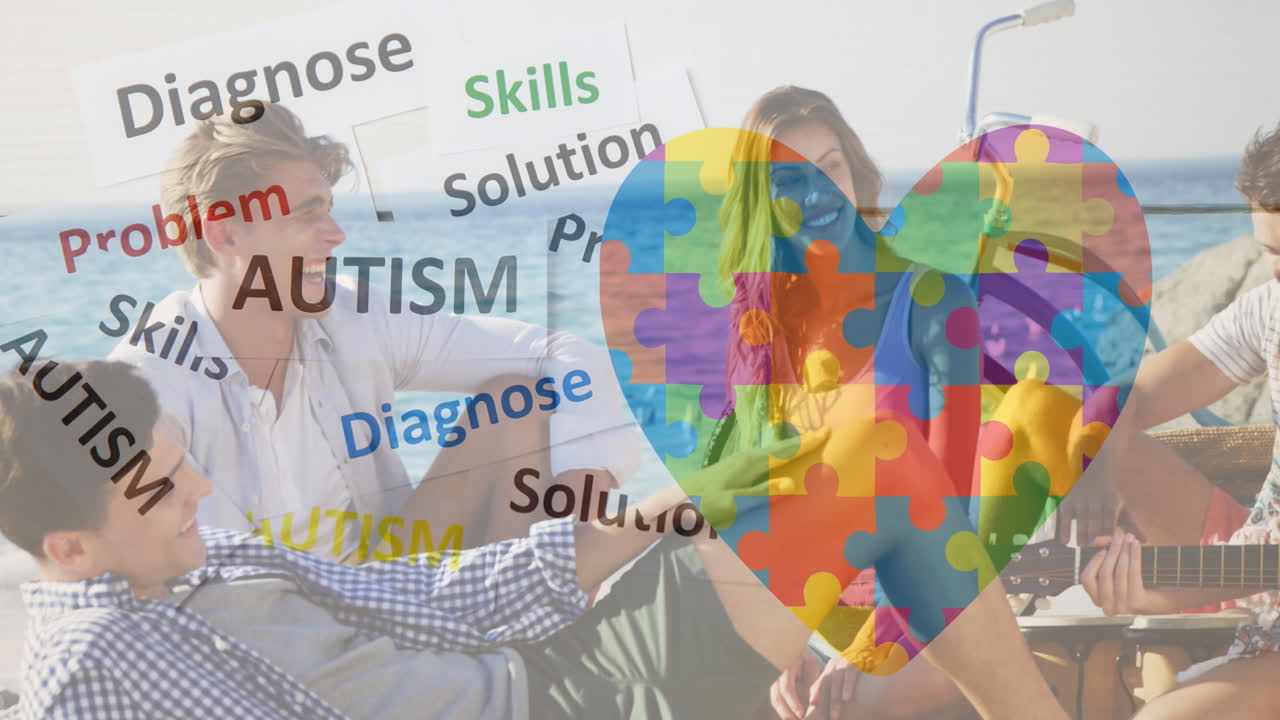 다채로운 퍼즐 조각의 애니메이션 심장과 자폐증 텍스트 여름 해변 파티에서 행복한 친구들