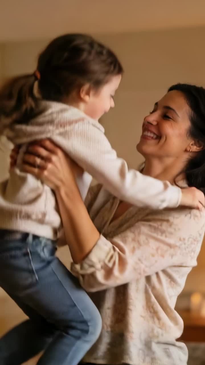Video verticale: Madre in camicetta che solleva un bambino in felpa con cappuccio a casa per abbracciarlo, con la fede nuziale visibile.