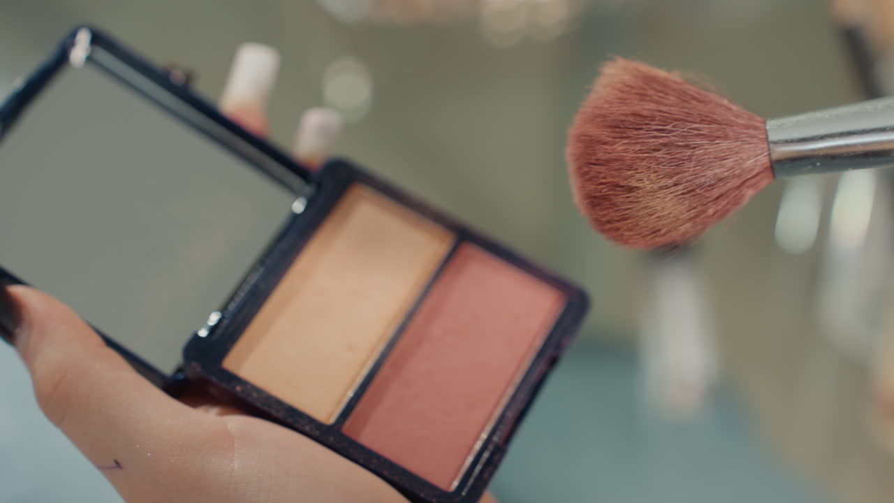 Makeup Tools And Application Demonstration, Professional Display Of Beauty Products With Brushes And Bottles, Detailed View Of Makeup Application Tools And Product Testing For Retail Presentation