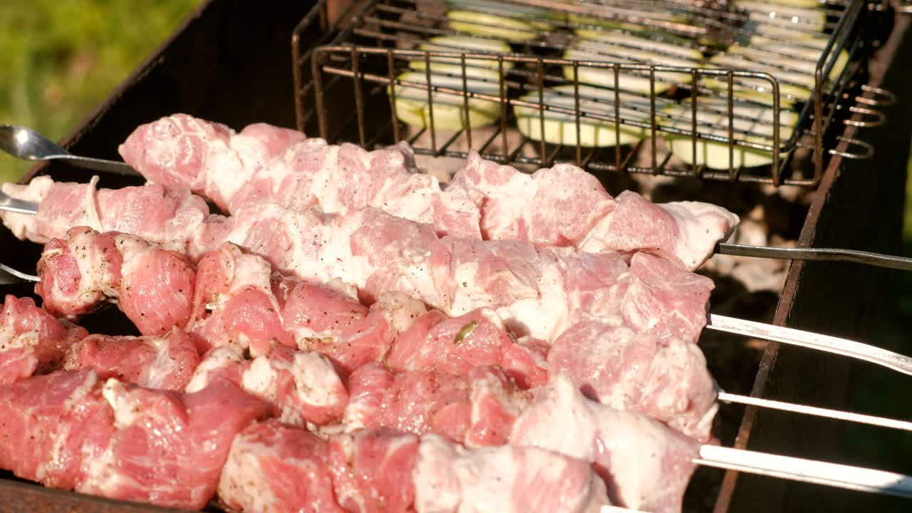 돼지고기 바베큐 스피어와 석탄 그릴 위에 zucchini 조각. 클로즈업 뷰.