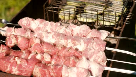 barbacoa de cerdo en salchichas y rebanadas de calabacín en la parte superior de la parrilla de carbón. vista de cerca.