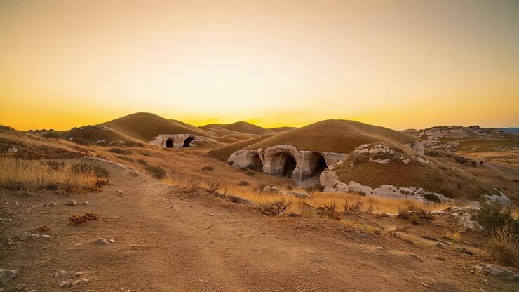 Sole al tramonto che proietta una luce calda su tre aperture di grotte sulle colline della steppa, illuminando il sentiero sterrato e l'erba