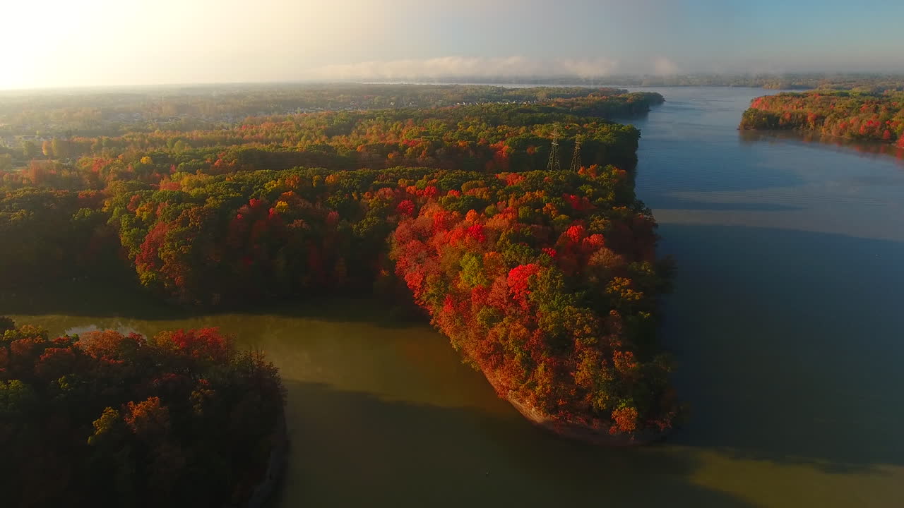 toma de drone del bosque otoñal en alum creek cerca de columbus ohio