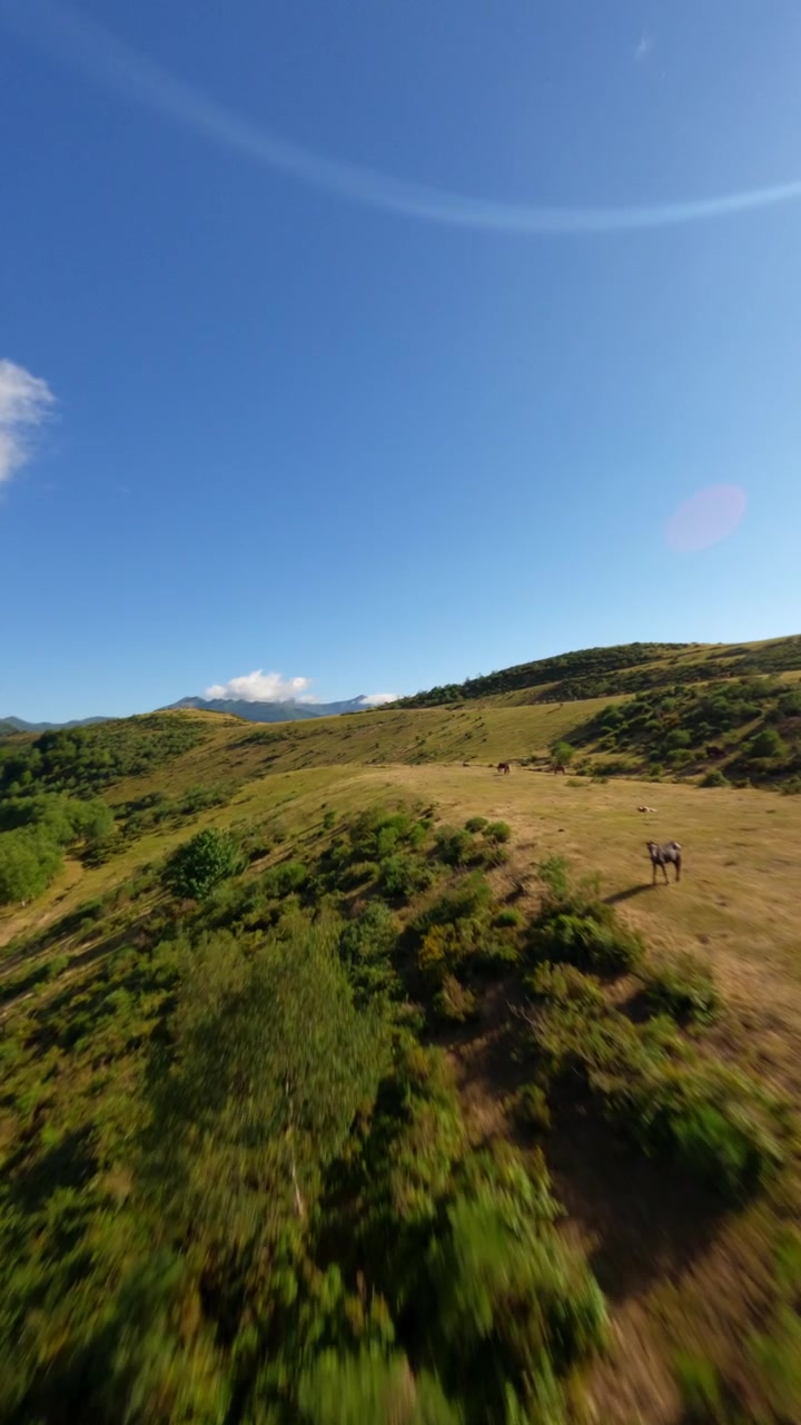 Imagens aéreas cinematográficas de drone FPV de Coto Bello num dia ensolarado com vistas deslumbrantes de montanhas e vales em Aller, Astúrias