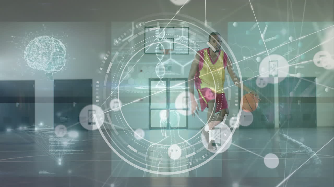 체육관에서 농구 선수의 드리블을 통해 디지털 데이터와 dna 스트랜드 애니메이션