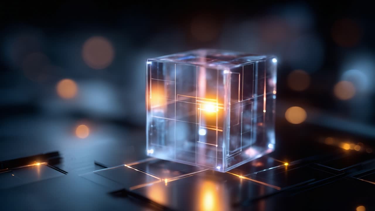 A mesmerizing illuminated crystal cube with glowing edges sits on a dark surface, showcasing intricate patterns and reflections in a captivating digital environment