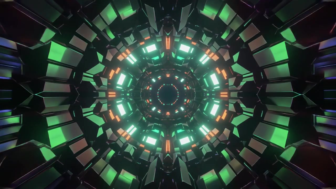 Futuristic Abstract Tunnel with Glowing Green and Orange Geometric Shapes