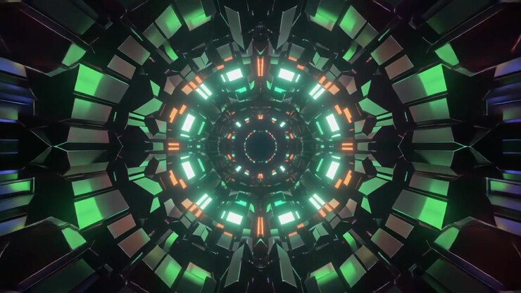 Futuristic Abstract Tunnel with Glowing Green and Orange Geometric Shapes