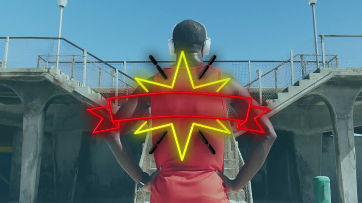 Con auriculares, atleta de pie con confianza con una superposición de animación de estallido de estrellas.