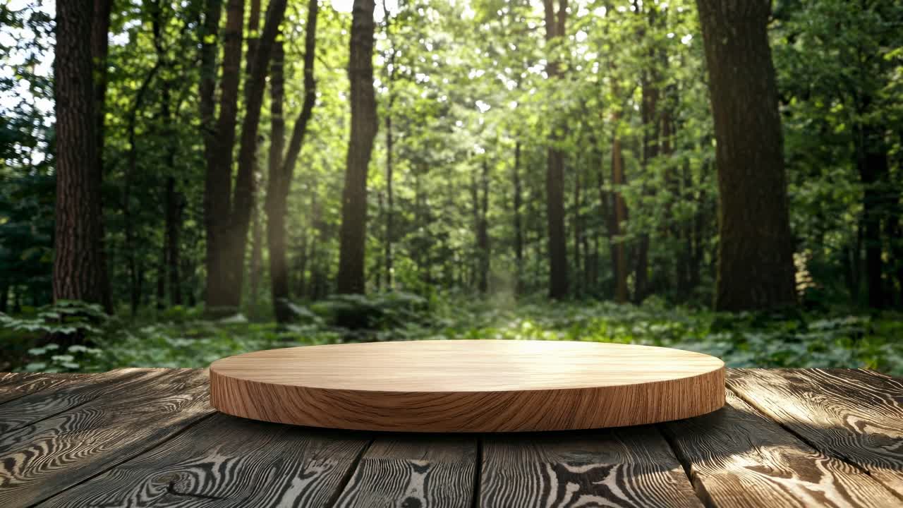 A wooden platform in a forest setting, captured from a low-angle, ideal for nature-themed video