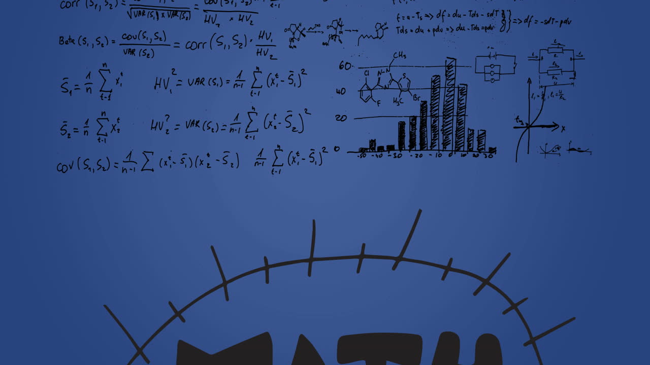 Animation of mathematical data processing over blue background