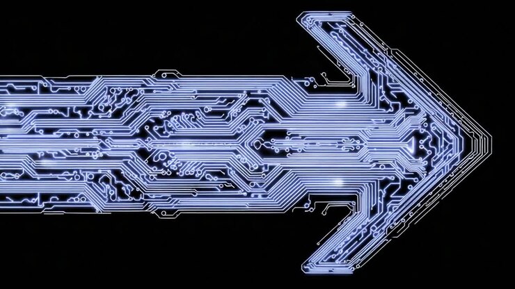 Abstract Representation of Directionality with Circuit Patterns: A Visually Striking Design Featuring an Illuminated Arrow Created from Intricate Electronic Circuits