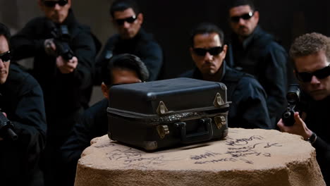 a briefcase filled with diamonds surrounded by security personnel