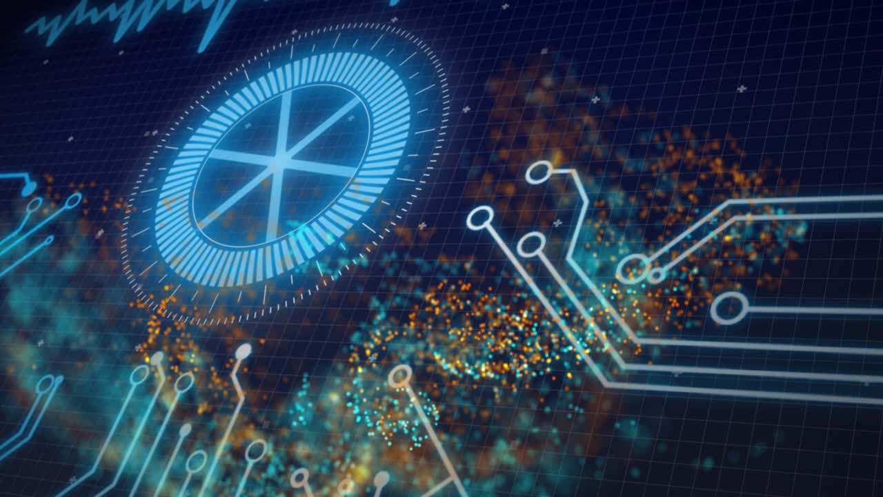 Glowing HUD dial pulsing while teal and orange clouds colliding, circuits forming, showing data