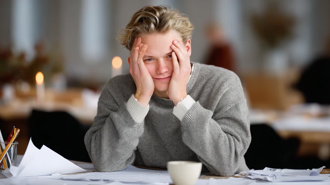 A Young Man's Journey Through Frustration to Relief: Capturing Emotion in Two Frames of Struggle and Triumph at a Busy Cafe Table