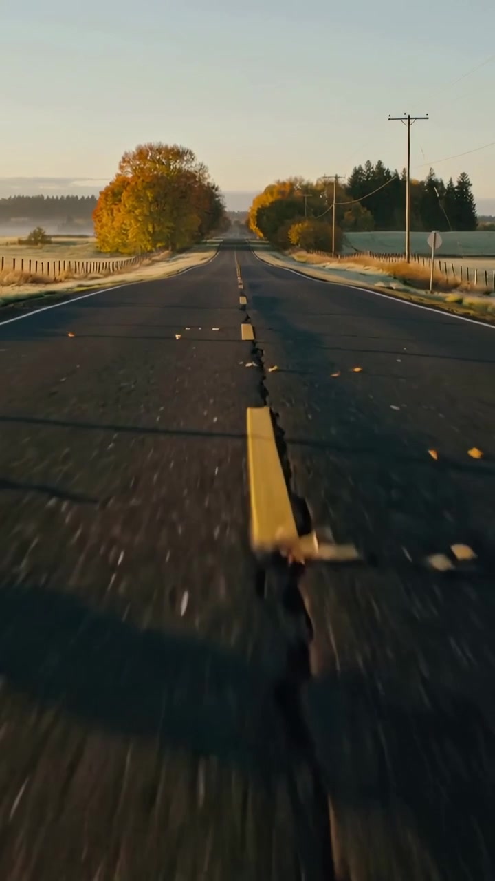 Video verticale: Telecamera che avanza lungo una strada rurale all'alba, mostrando una crepa e dei segnali.
