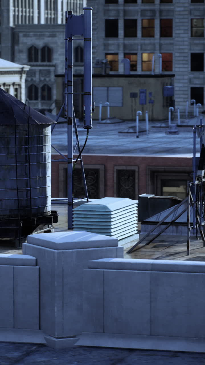 통신 장비 를 탑재 한 도시 지붕 장면