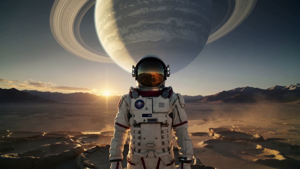 Solen står op og opfordrer EVA-astronaut til at træde tættere på en kraterfyldt slette, der viser en ringet planet gennem guldvisiret.