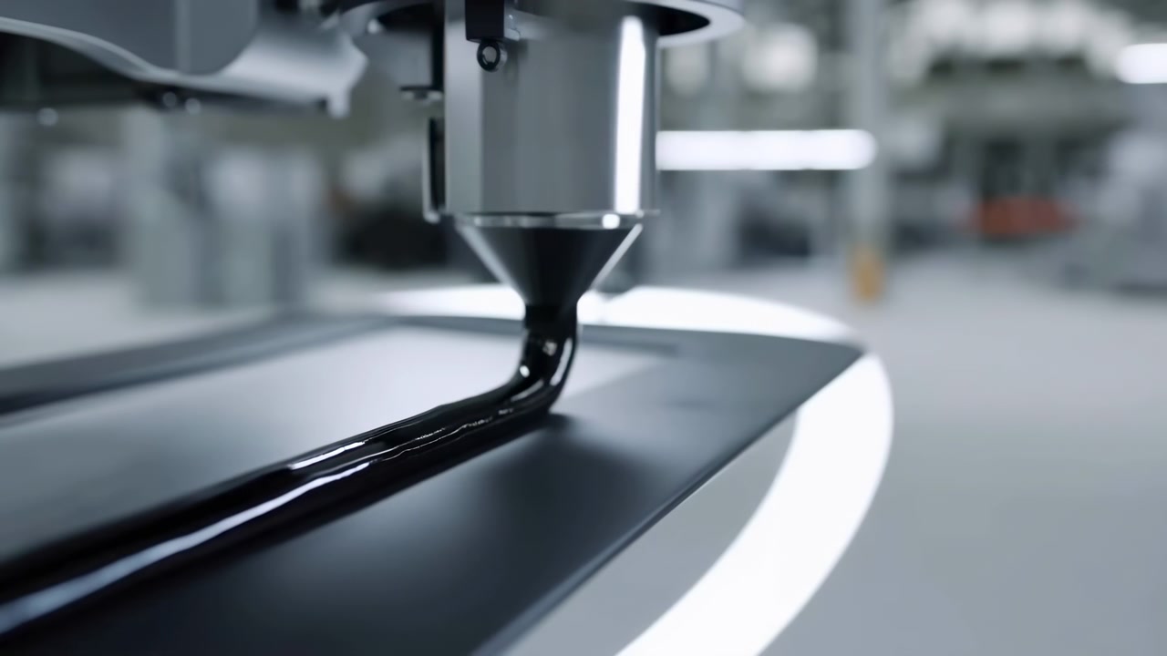 Una vista ravvicinata segue un ugello metallico che deposita materiale nero denso in una linea rialzata uniforme su una superficie scura, con movimento controllato, texture riflettente e macchinari leggermente sfocati