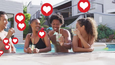 by pool, people holding drinks with heart icons floating, creating animation