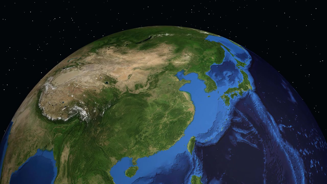 Animazione digitale che zooma dallo spazio profondo verso la Terra, concentrandosi su Shangqiu, Cina, con etichette di testo.