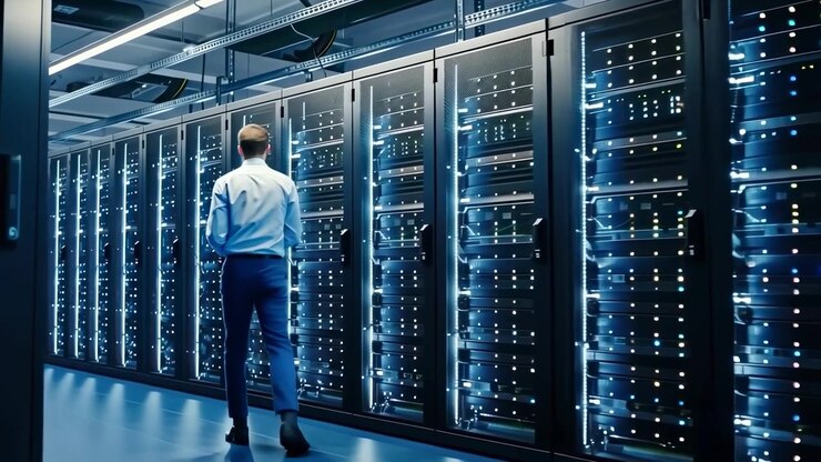 IT Professional Walking Through a Modern Data Center