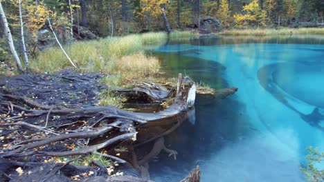 panorama of blue geyser lake in altai mountains in rainy day