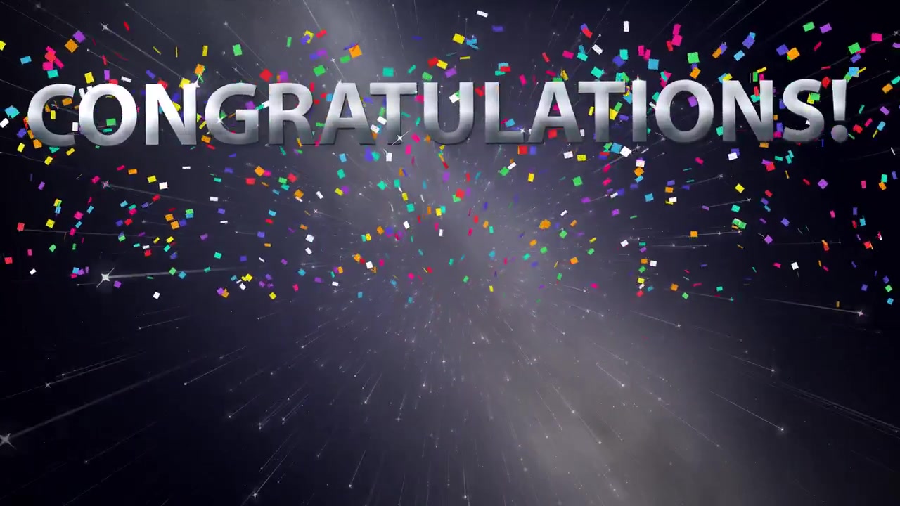 Metallic congratulations text appears over falling colorful confetti and a drifting cosmic star field background.