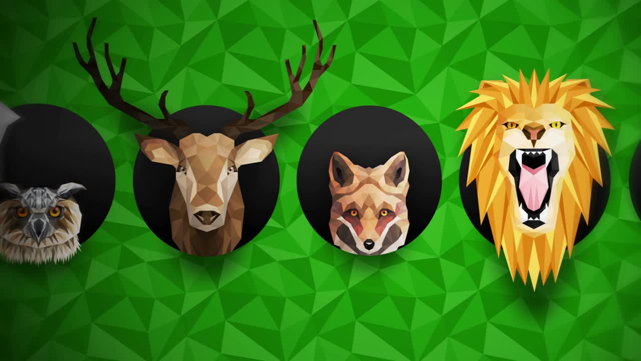 動物園のシンボル: ライオン,ゴリラ,ゼブラ,ラッコン,キツネ,ゾウ,鹿,オオカミ 幾何学ループアニメーションセット