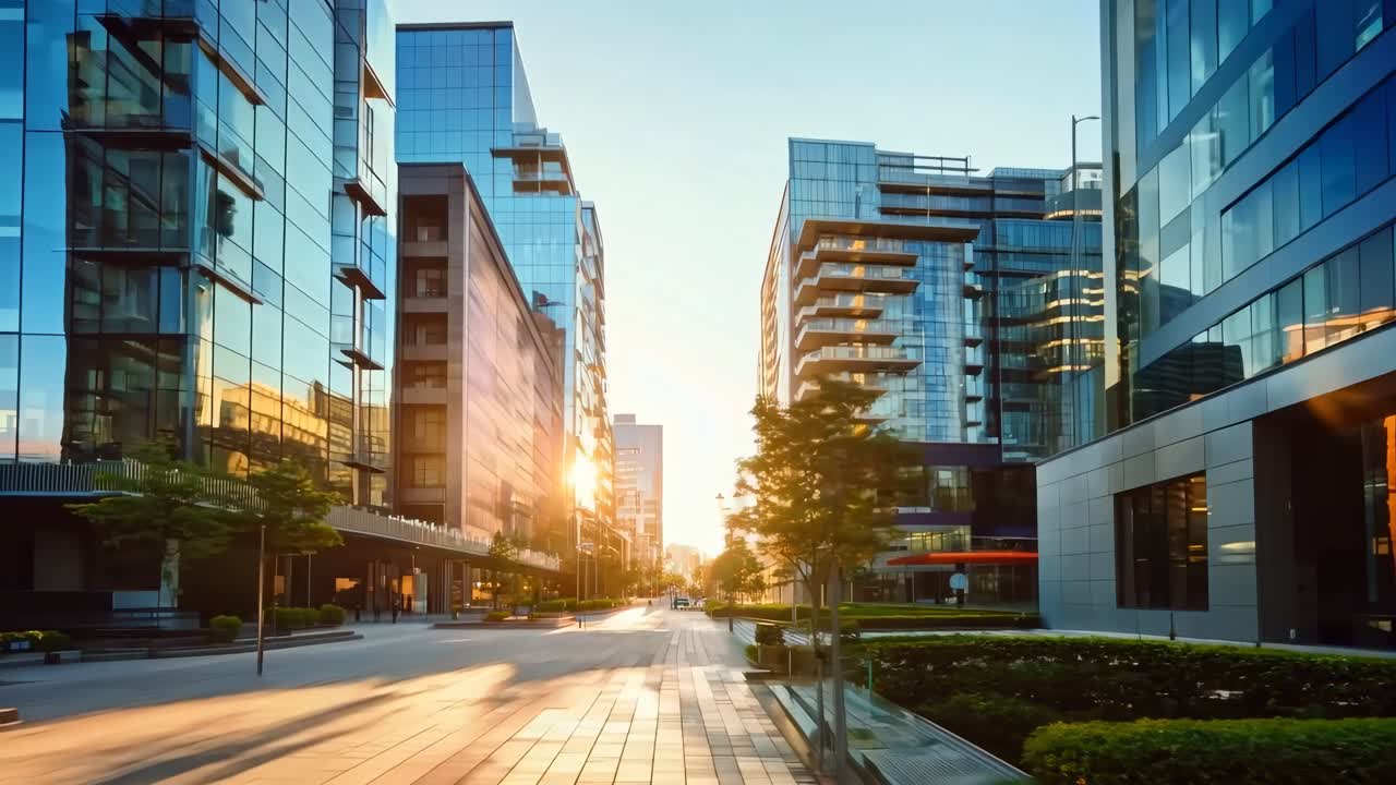 Paisagem urbana moderna ao nascer do sol, capturada em ângulo baixo, exibindo uma arquitetura elegante