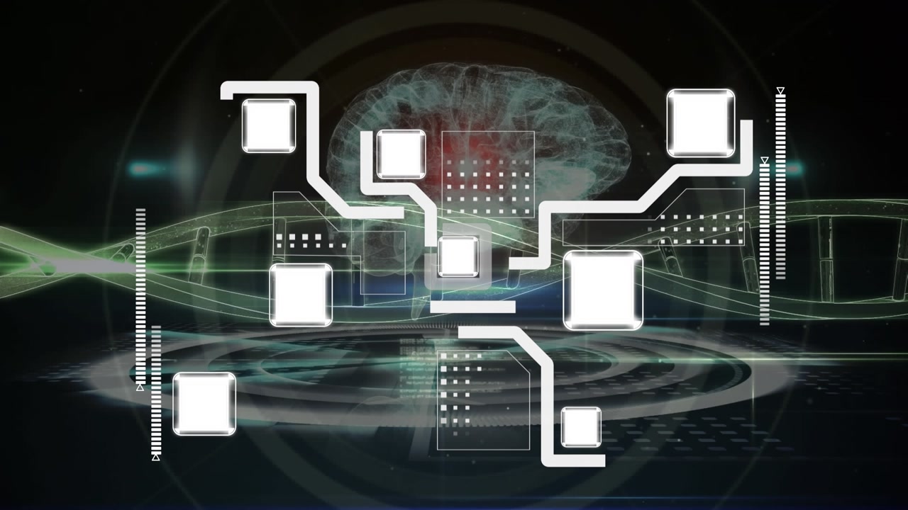 The video is a computer-generated animation of a dna strand and a digital brain, accompanied by data