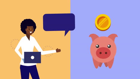 afro businesswoman using laptop with piggy money animation