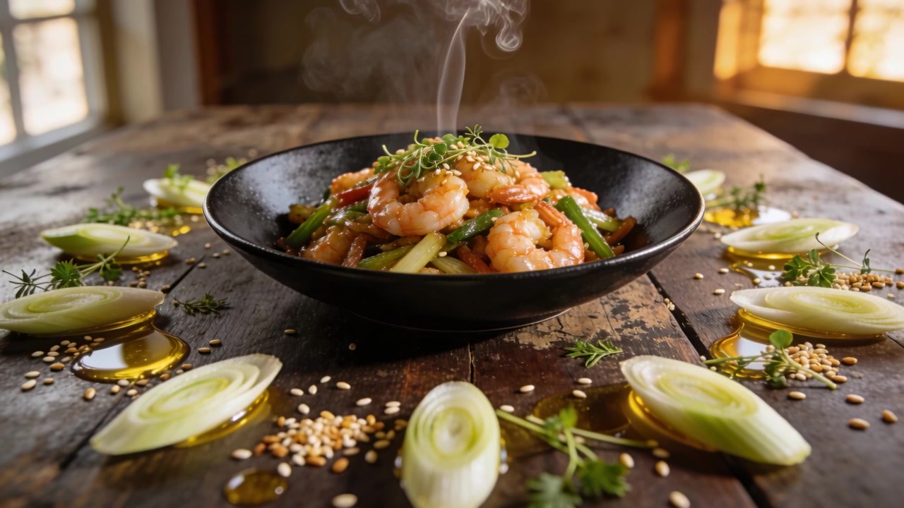 Steaming shrimp stir-fry releasing steam from hot shrimp on rustic wooden table, with black bowl
