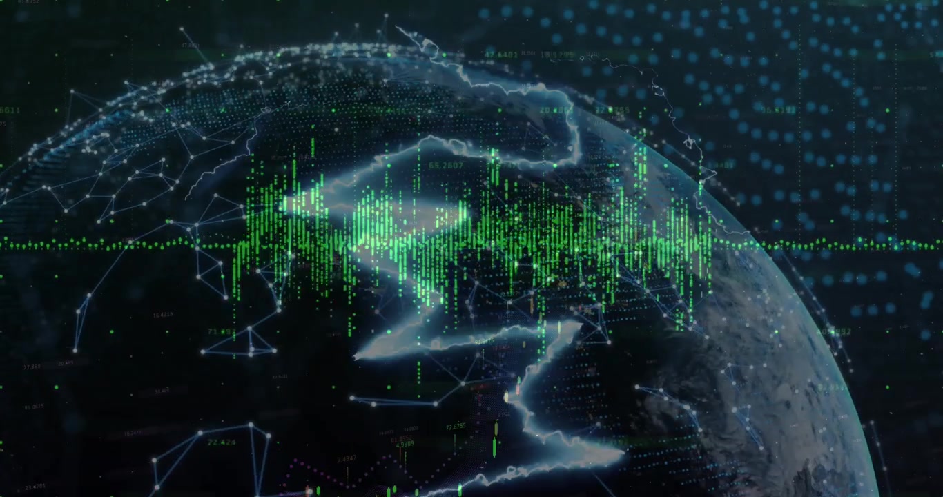 Animation of soundwaves and lighting over dots forming geometric shapes against globe and dots