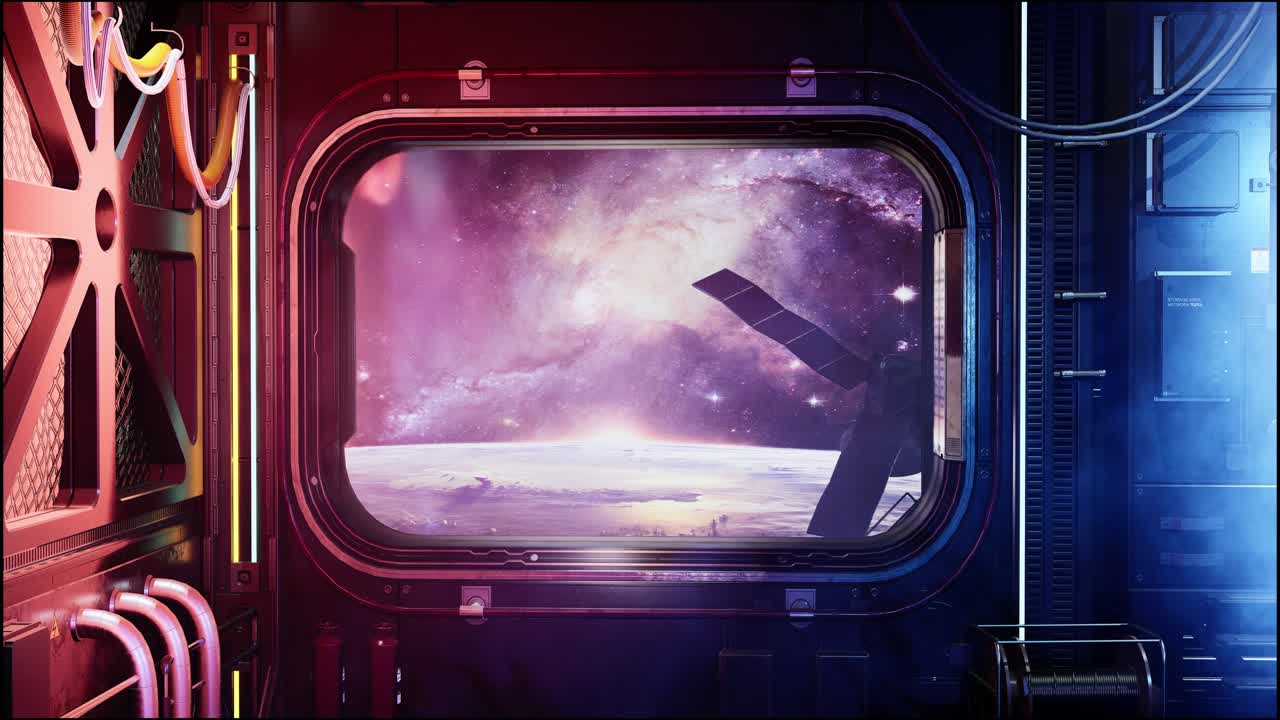 corredor espacial futurista con una vista de la luna y el satélite de comunicaciones. animación 3d