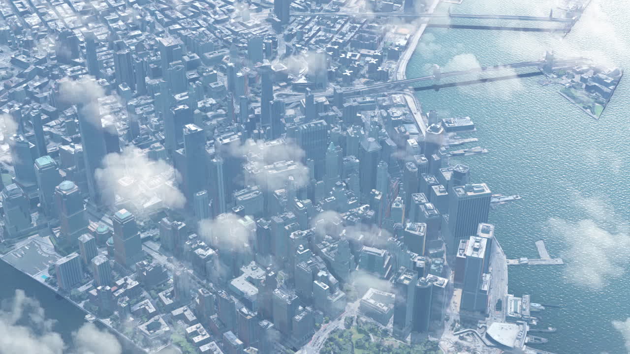Aerial View of a Modern City with Skyscrapers and Bridges Partially Covered by Clouds